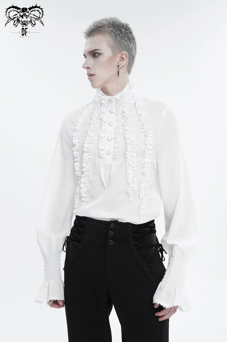 Victorian gothic aesthetic white ruffled shirt with stand collar and ornate details