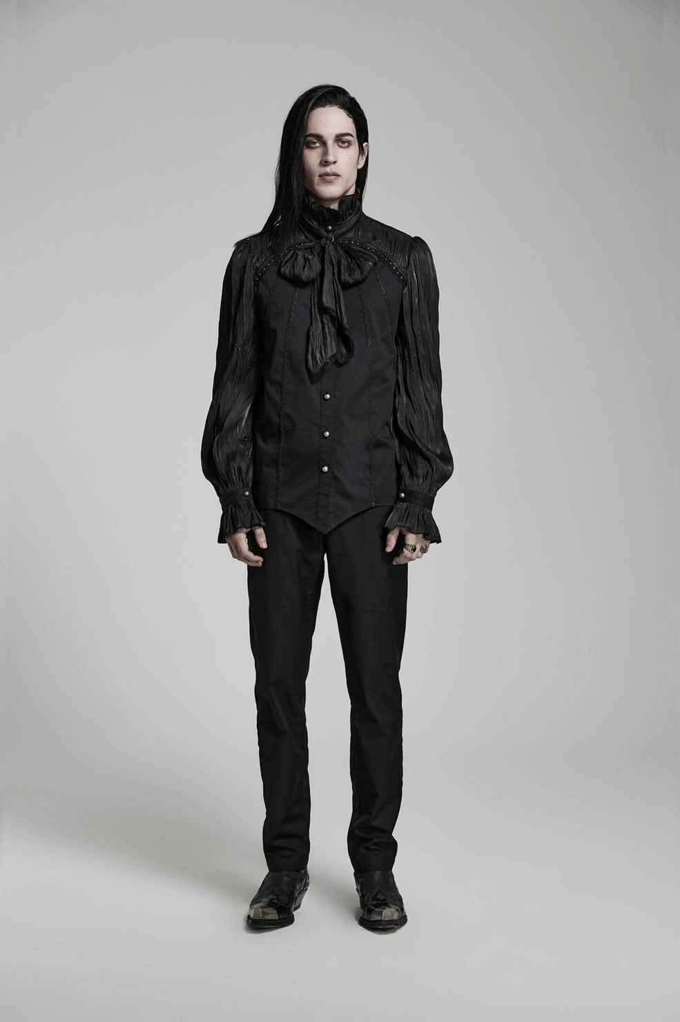 Gothic pleated shirt material composition display showing polyester and cotton-elastane fabric blend quality