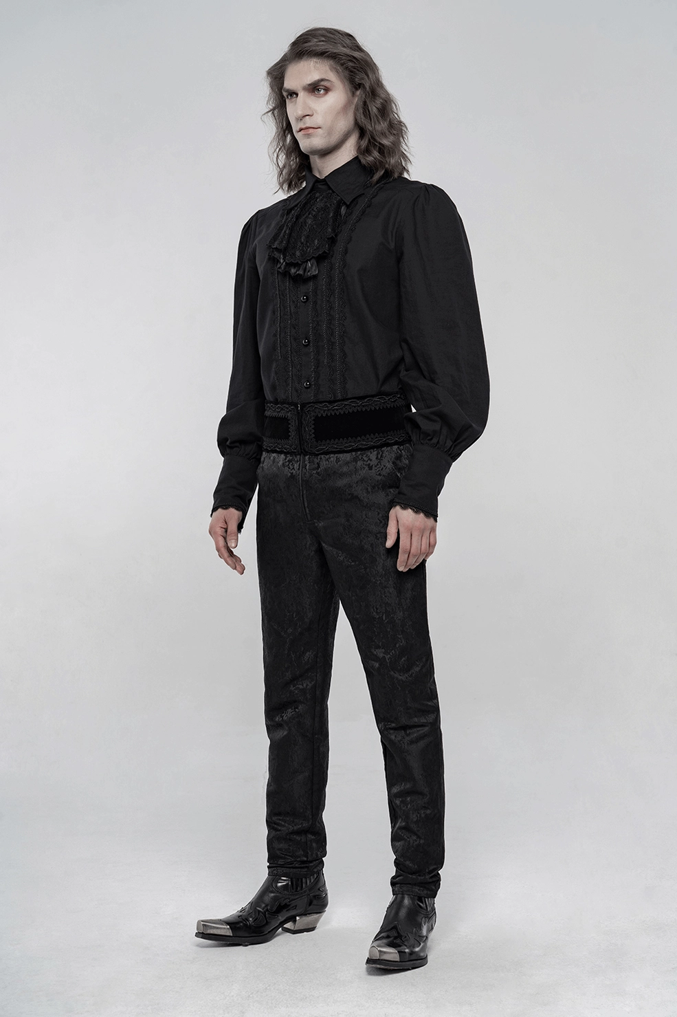 Victorian goth ruffled shirt fit and proportion display on model