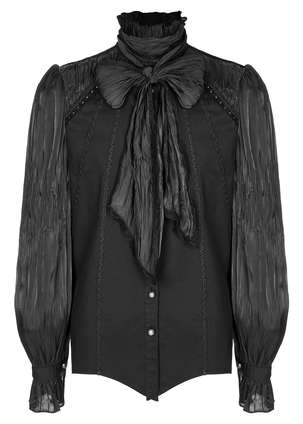 Gothic pleated shirt front flat lay detail showcasing ruffled high collar, lace-up closure and pleated sheer sleeves