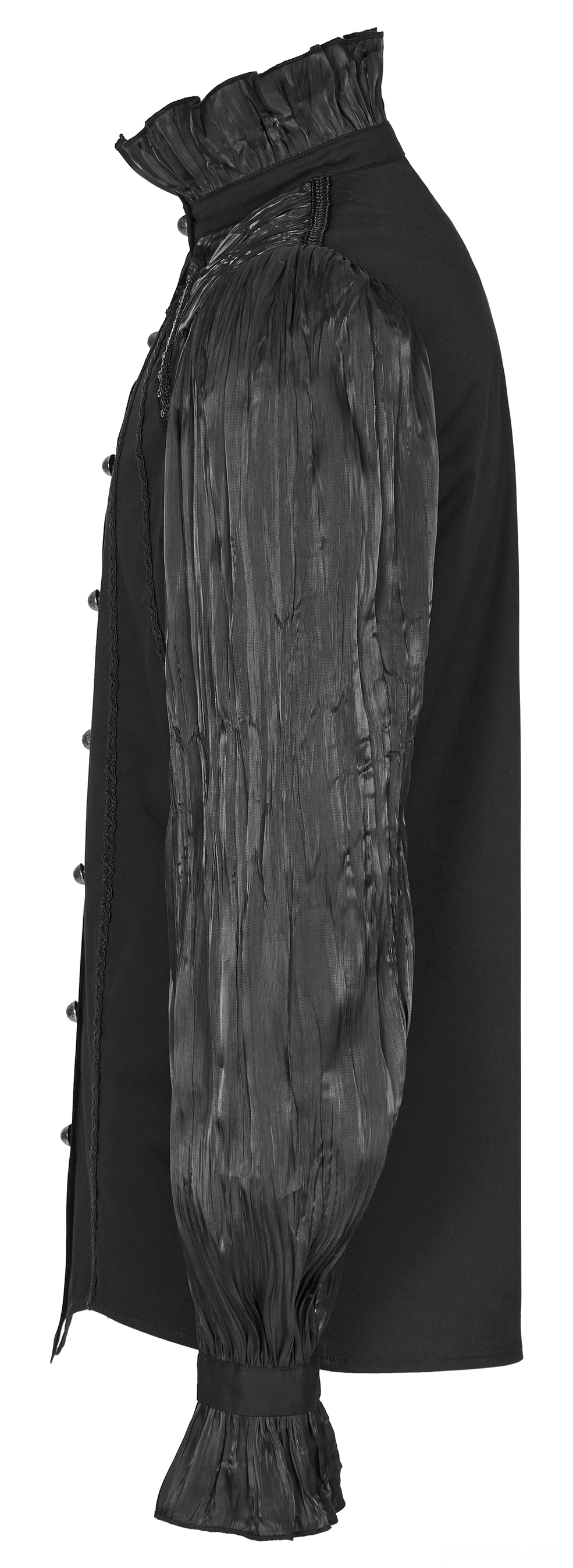 Gothic shirt side view flat lay highlighting pleated bishop sleeves, buttoned cuffs and ruffled high collar structure
