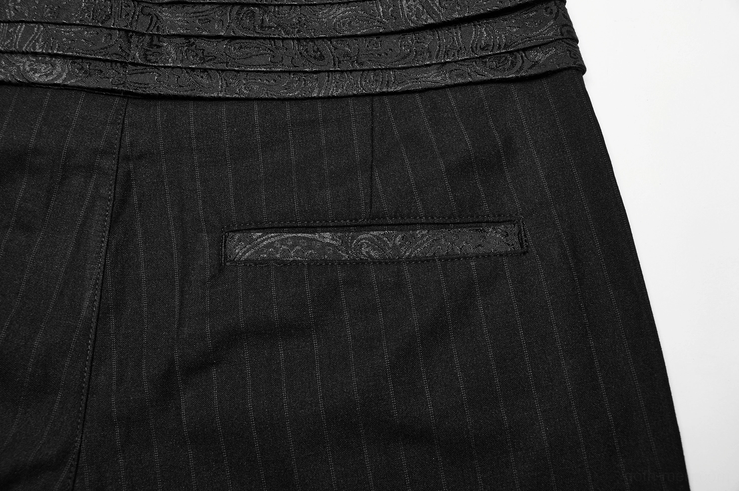 Victorian gothic black striped dress pants full length view, slim-fit silhouette, formal alternative menswear