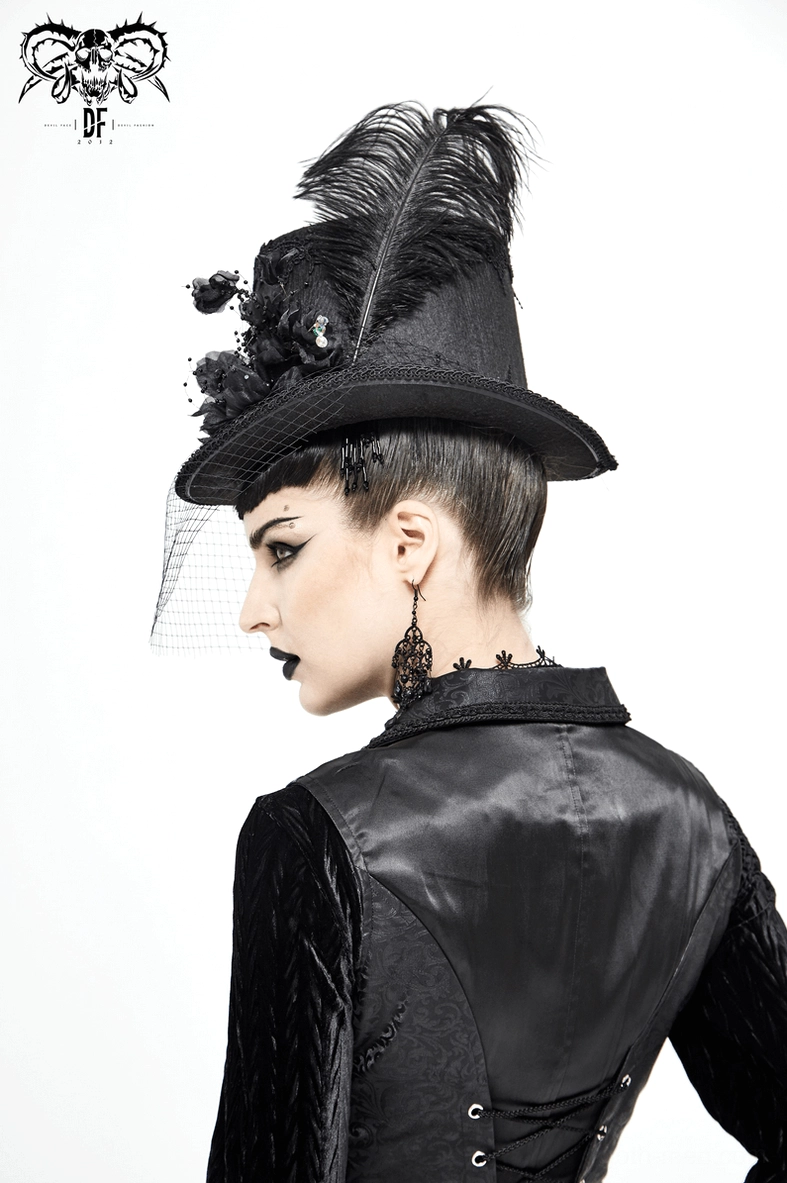 Victorian-style black gothic top hat with detachable ostrich feather and dimensional fabric flowers
