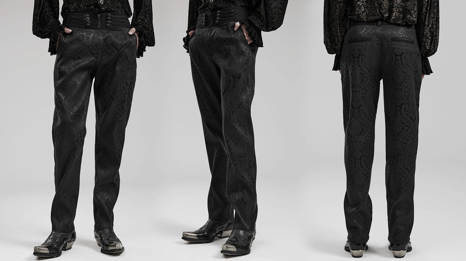 Lifestyle styling view of Victorian gothic slim-fit trousers for alternative fashion