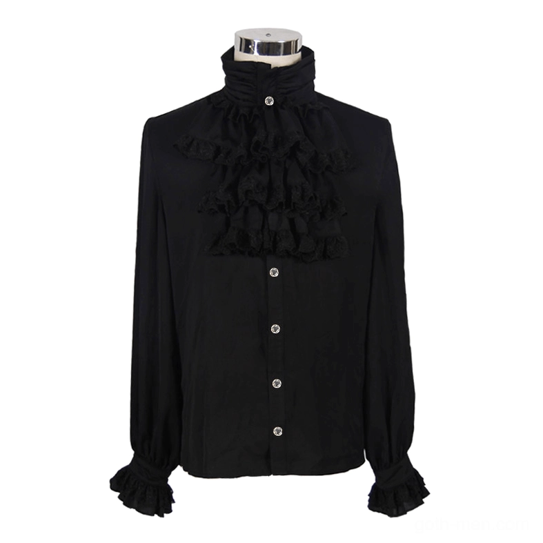 Front display of Victorian black ruffled jabot shirt on mannequin, highlighting decorative neck ruffles and button placket
