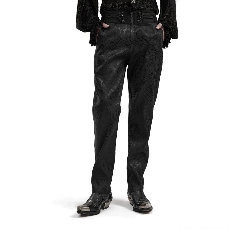 Victorian jacquard slim-fit gothic men's trousers front view on model