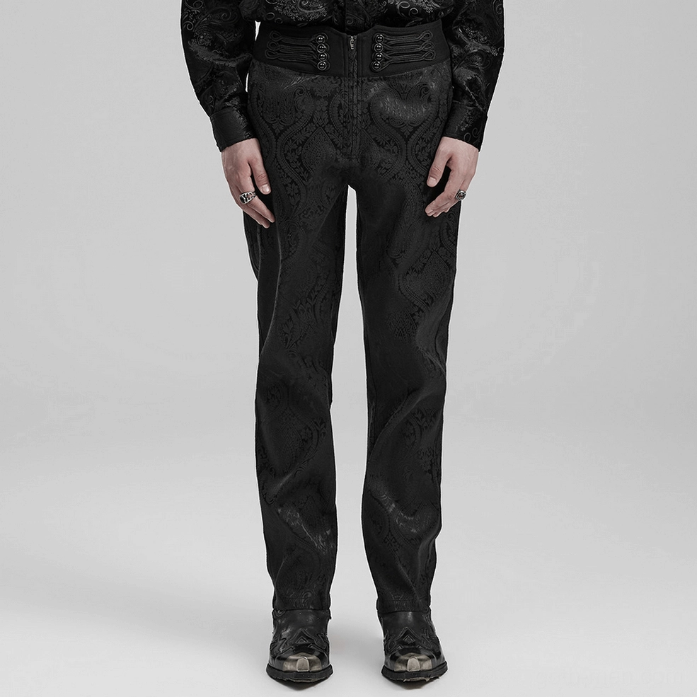 Full product view of Victorian slim-fit gothic trousers in black jacquard fabric
