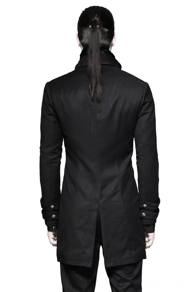 Men's black gothic tailcoat rear view showing extended tail hem and tailored back seams on model
