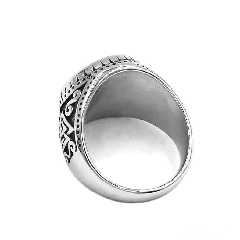 Stainless steel Viking ring side interior view showing partial scroll engravings and polished finish detail