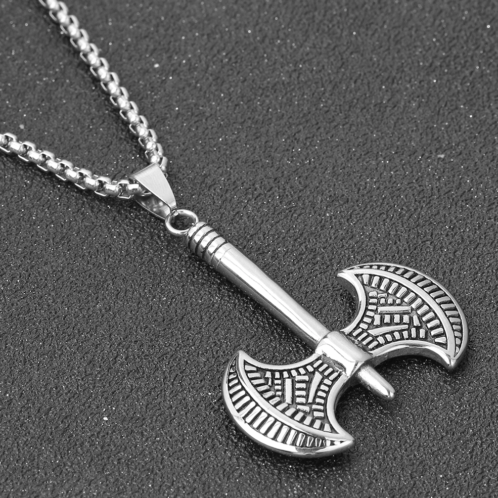 Stainless steel Viking axe pendant necklace full product shot layered styling