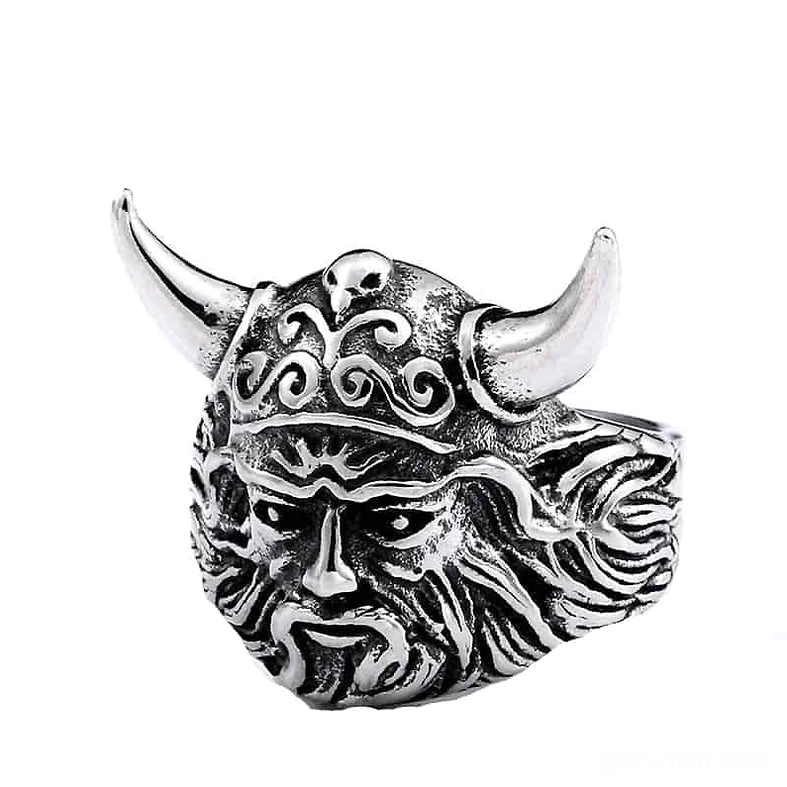 carved-viking-warrior-head-ring-stainless-steel-front-view-with-horned-helmet