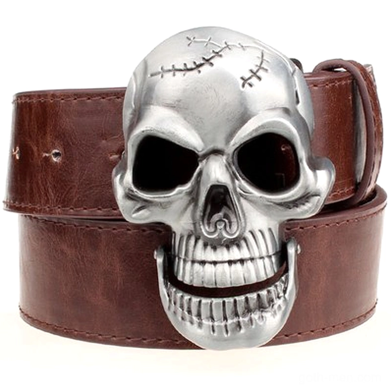 Brown cowhide leather gothic belt with large silver skull buckle, vintage memento mori aesthetic