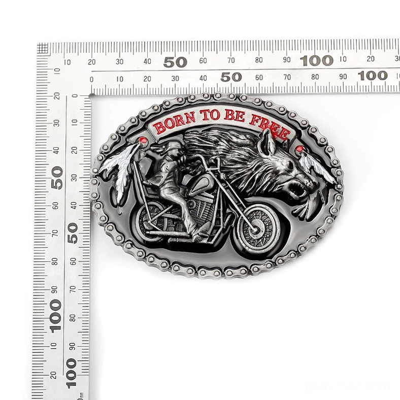Born to be free belt buckle with measurement scale showing actual size dimensions for gothic motorcycle enthusiasts