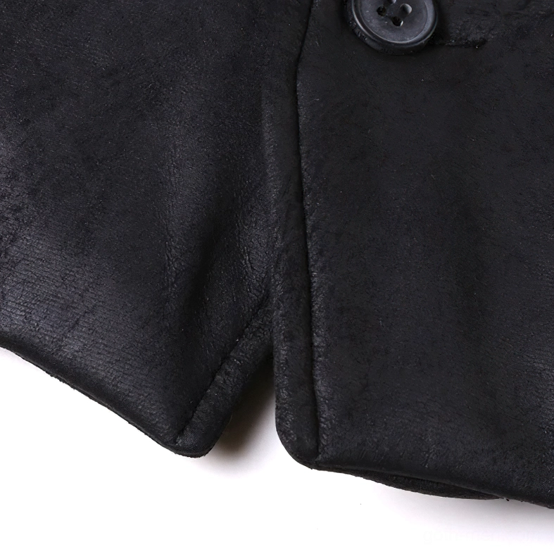 Black gothic waistcoat front button and placket close-up showing round button fastener