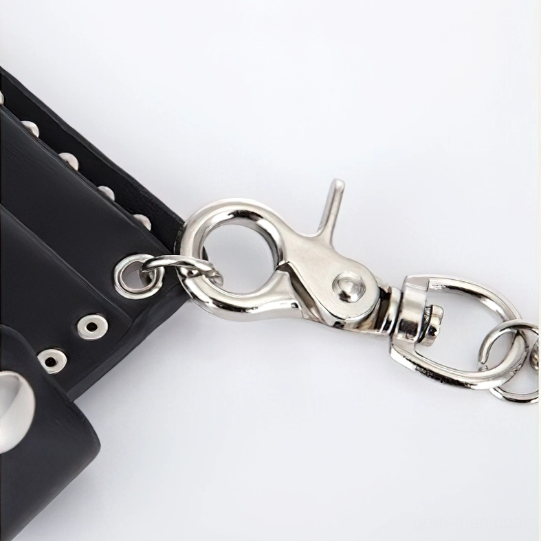 Silver metal snap hook and leather grommet connection on gothic wallet chain
