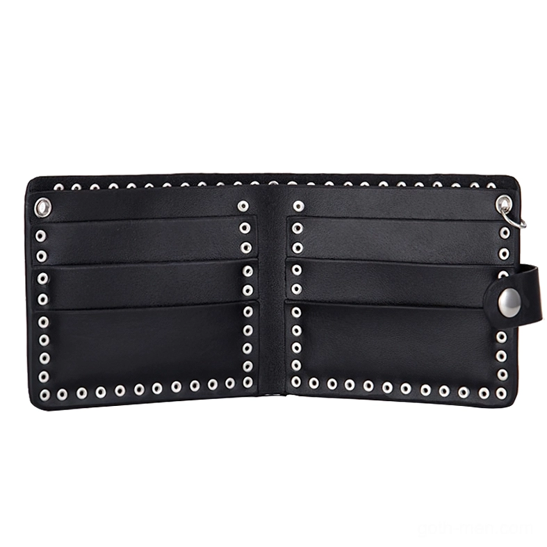 Wallet interior detail with rivet-trimmed compartments and organization