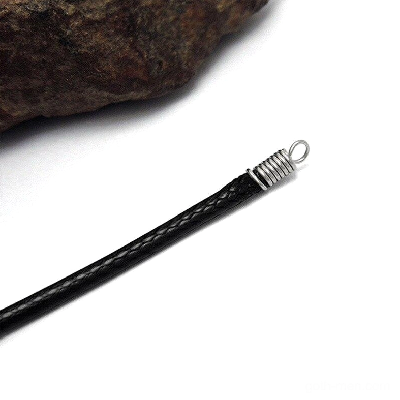 Black wax rope necklace end fastener detail showing spring clasp and braided cord terminus