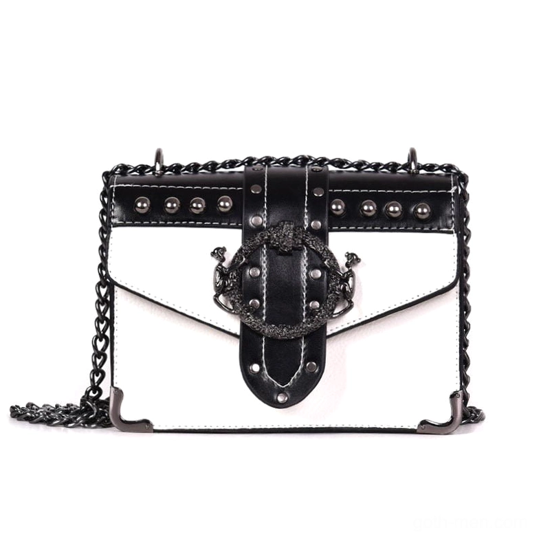 White and black gothic square shoulder bag with skull rivets and decorative metal lock clasp