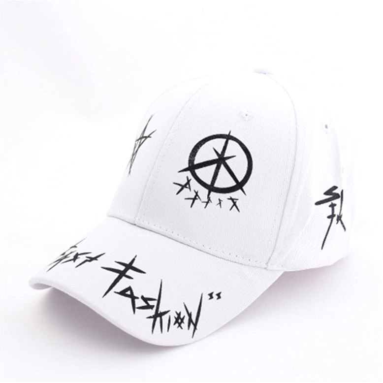 White gothic graffiti snapback baseball cap with black anarchist symbols and punk typography prints, front view
