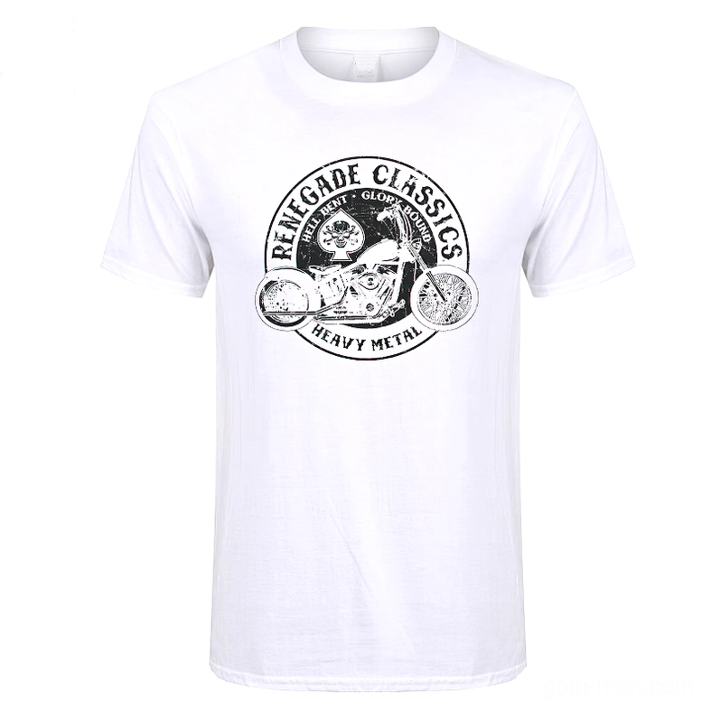 White gothic biker motorcycle graphic t-shirt front view flat lay retro design