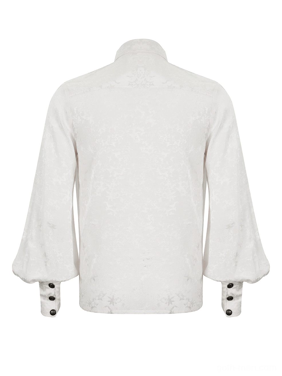 Back flat lay of white gothic bishop sleeve shirt revealing jacquard woven texture, rear yoke construction, and overall tailored silhouette