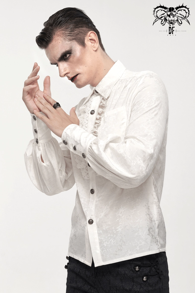 White gothic bishop sleeve shirt paired with dark fashion for complete goth alternative look and layering styling recommendations