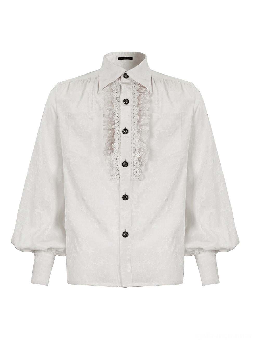White gothic bishop sleeve shirt flat lay front view showing pointed collar, scalloped lace ruffle placket, and buttoned cuffs on neutral background