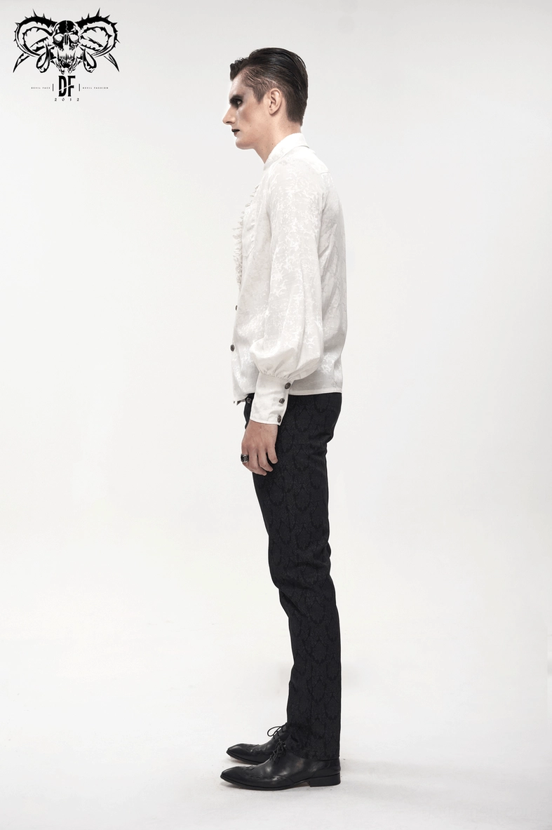 White gothic bishop sleeve shirt front view highlighting pointed collar point and lace ruffle cascade down button placket