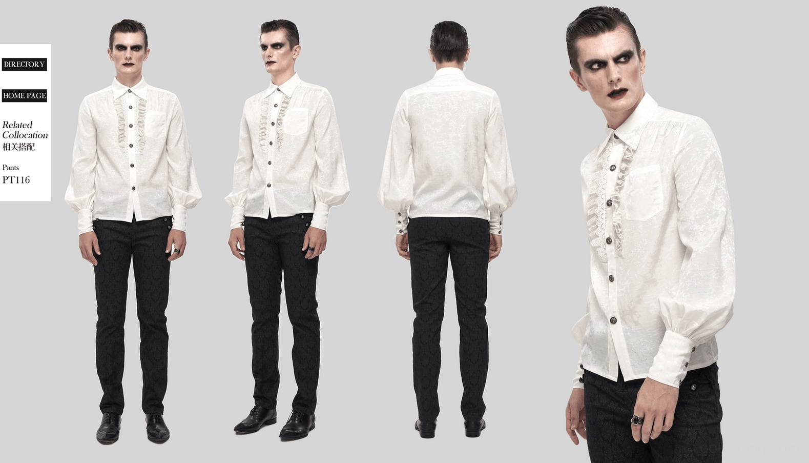 White gothic bishop sleeve shirt full garment presentation showing overall silhouette, fit, and design features for online shopping