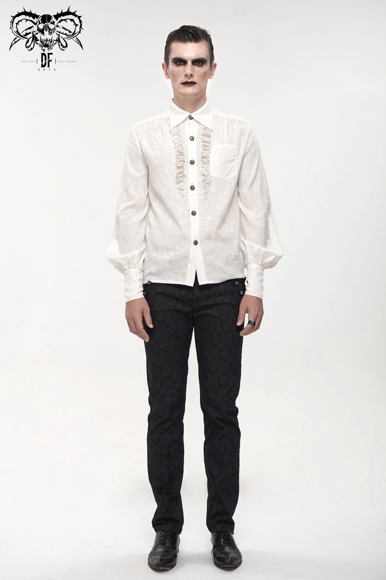 White gothic shirt bishop sleeve detail showing dramatic lantern sleeve silhouette, cuff button design, and sleeve width measurements