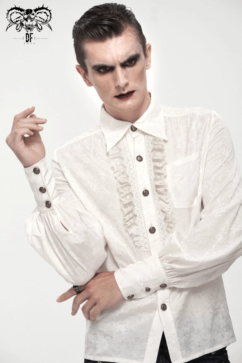 White gothic bishop sleeve shirt lifestyle styling shot demonstrating how to wear with dark fashion accessories and alternative fashion aesthetic