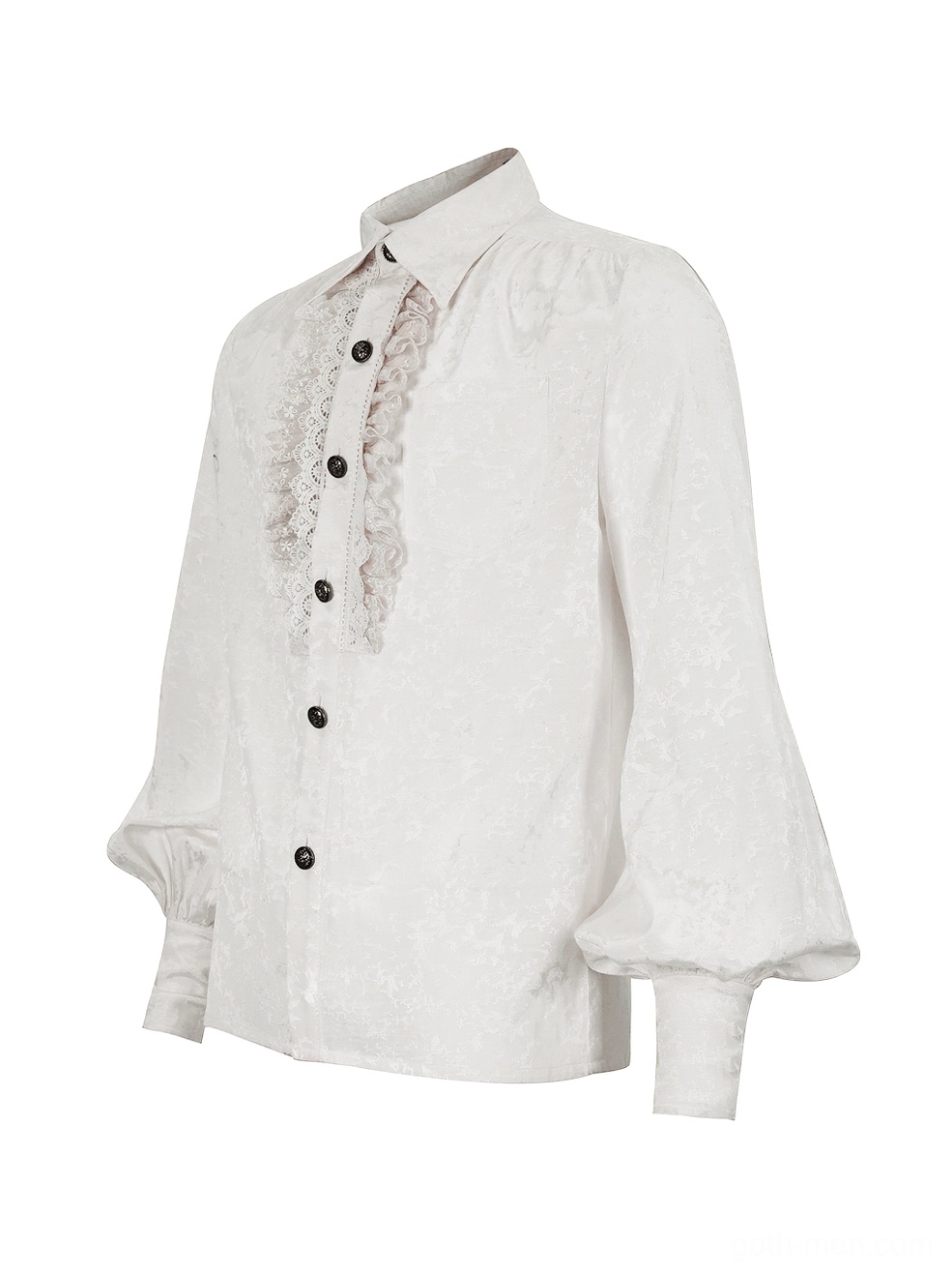 Three-quarter front view of white gothic shirt displaying bishop sleeve silhouette, buttoned front placket, and lace detail on clean white background