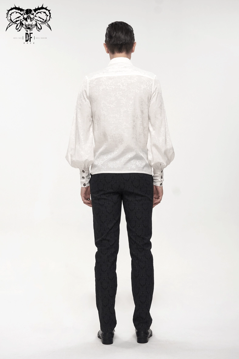 Close-up of white gothic shirt vintage metal buttons showing antique finish, button hole detail, and hardware quality