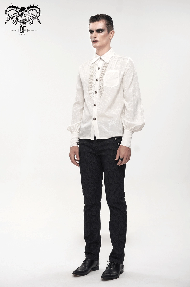 Detailed view of white gothic shirt yoke and shoulder construction showing tailored fit and craftsmanship on back portion