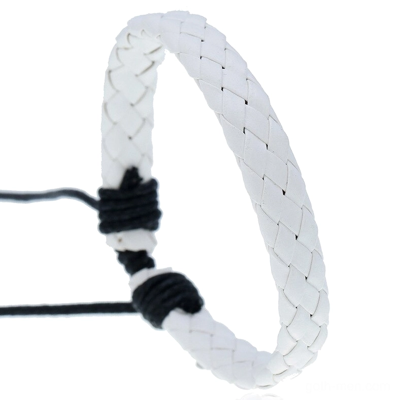 White gothic braided leather bracelet with light woven texture and adjustable drawstring closure