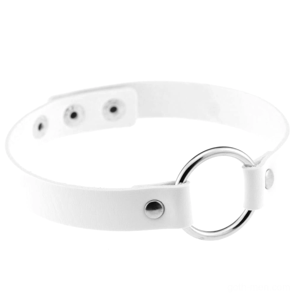 Pure white gothic choker with polished zinc alloy O-ring, adjustable PU leather construction, high contrast design