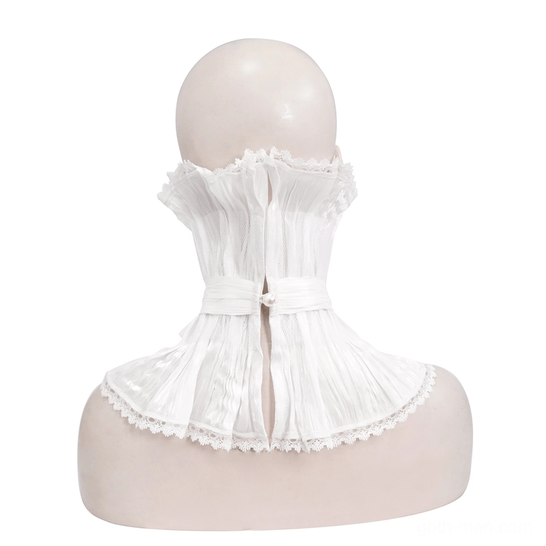Rear back view of white gothic collar on mannequin displaying fabric strap closure and back construction
