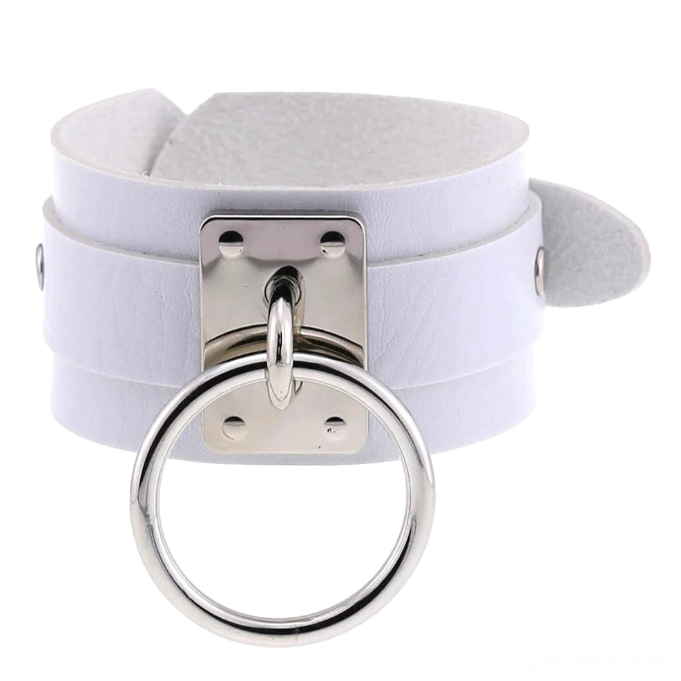 White leather gothic cuff bracelet with silver ring hardware, contemporary alternative jewelry