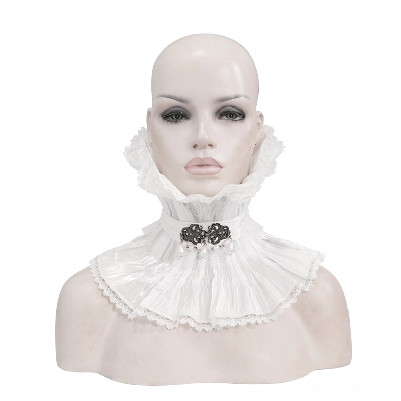 Front full view of white gothic collar on mannequin displaying scalloped lace hem and ornate beaded brooch centerpiece