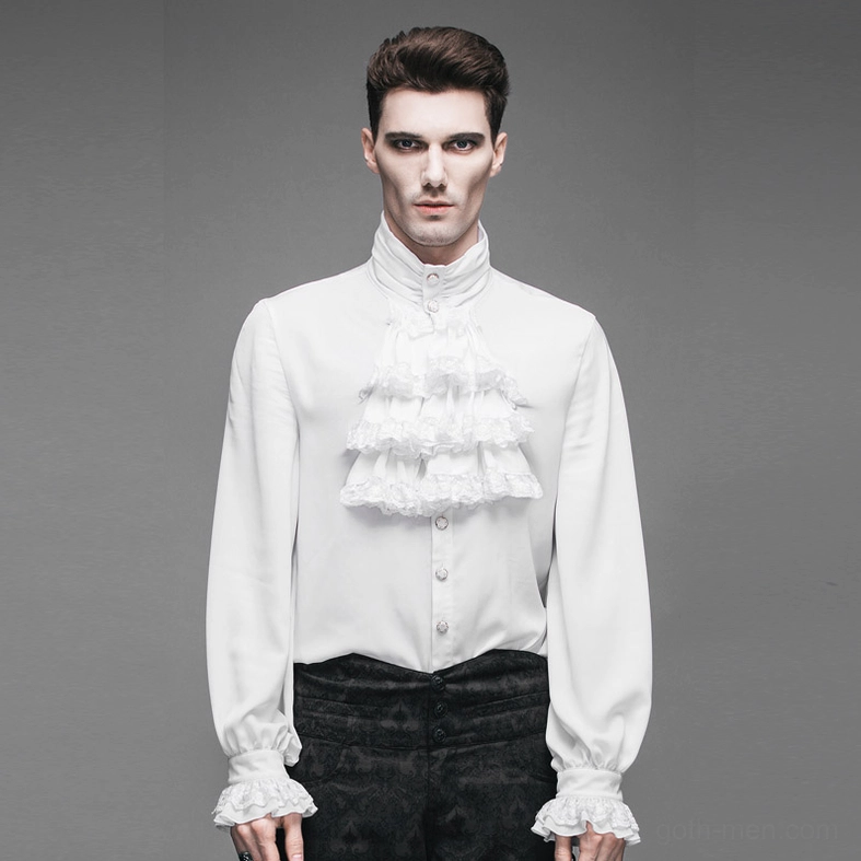 White gothic formal ruffled dress shirt front button placket design, male model front view