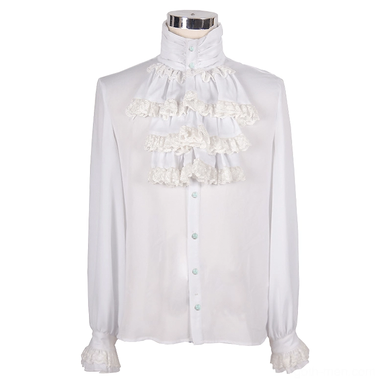 White gothic formal shirt with layered lace front ruffles, mannequin front display view
