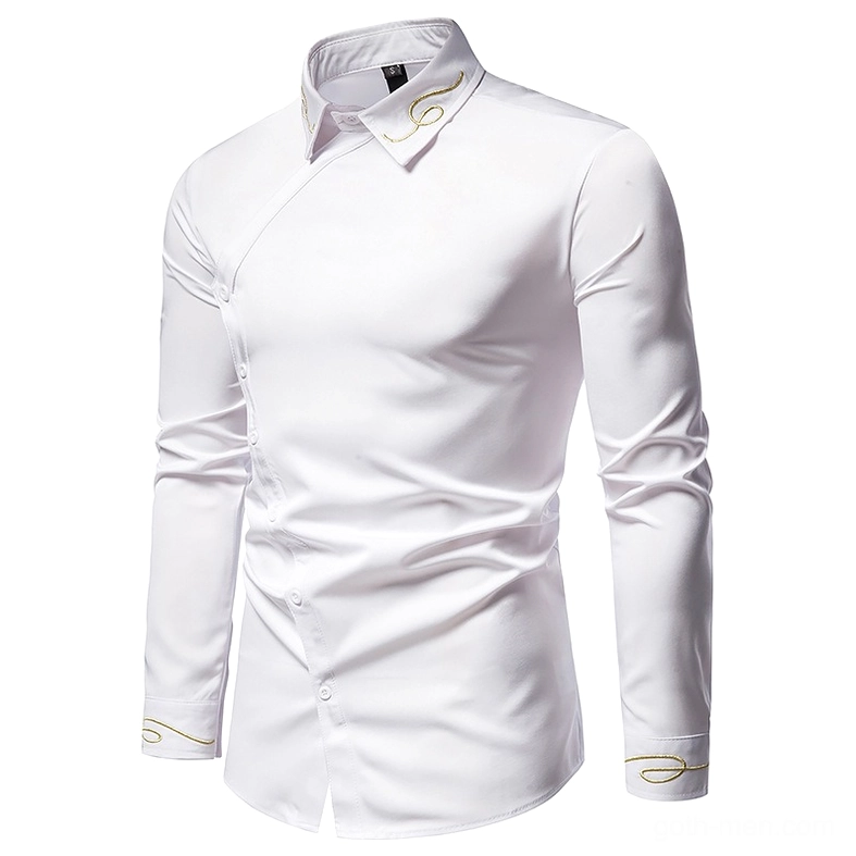 White gothic shirt front view highlighting diagonal button placket asymmetry