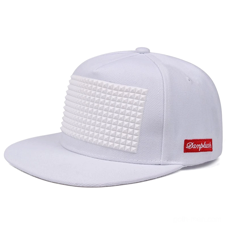 White gothic spike snapback baseball cap with pyramid plastic studs, flat-brimmed design, side profile view