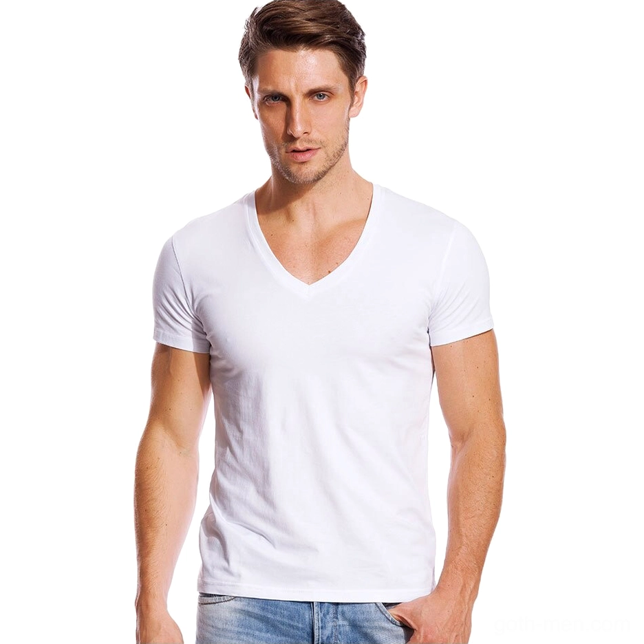 White gothic V-neck slim fit T-shirt for men, front view showing minimalist neckline design