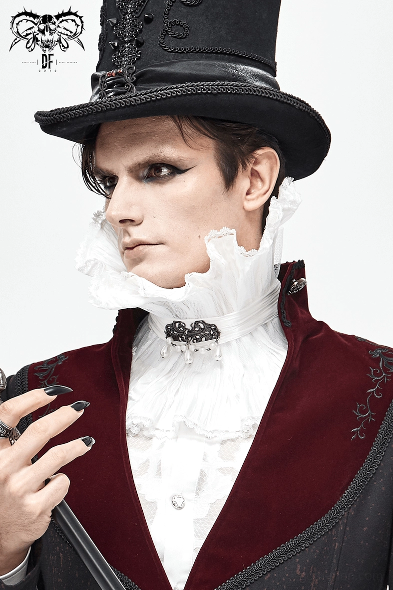 White lace gothic high collar with beaded brooch on mannequin displaying full accessory design and construction details