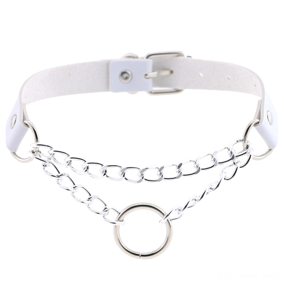 White layered chain choker with silver hardware and central O-ring, adjustable pin buckle, gothic pale aesthetic neck jewelry