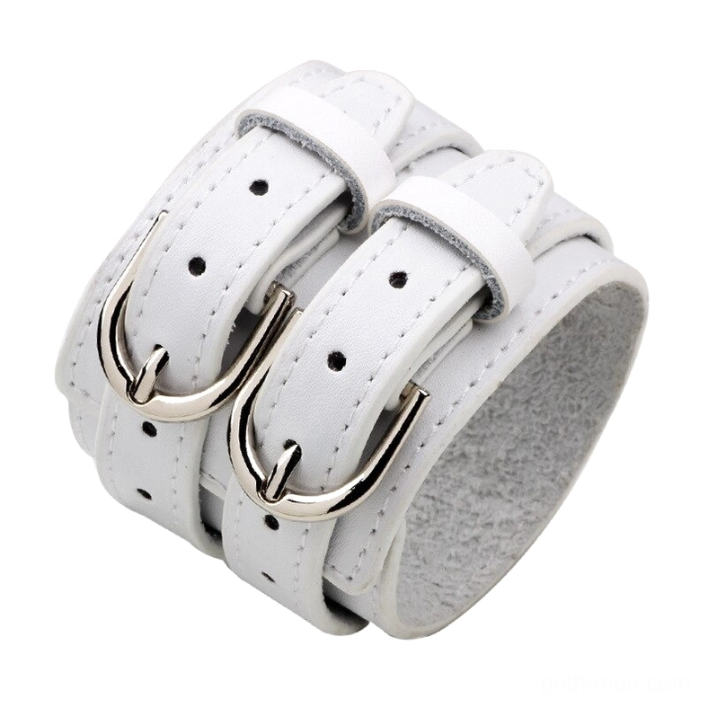 White genuine leather alternative fashion bracelet with grey suede interior and silver metal clasp, demonstrating theatrical gothic aesthetic from studio perspective