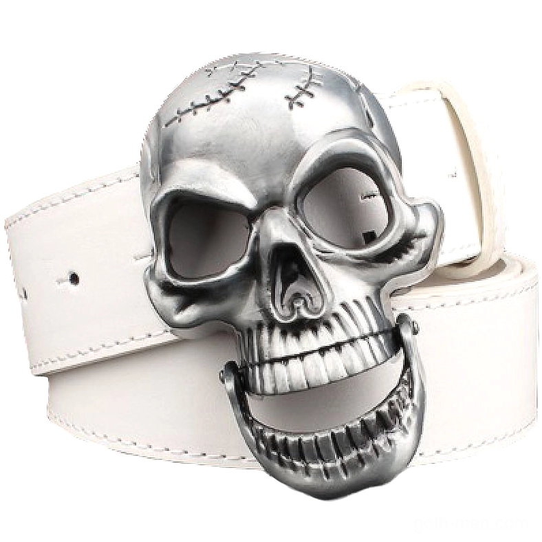 White leather gothic belt with embossed silver skull metal buckle, side view showing strap width