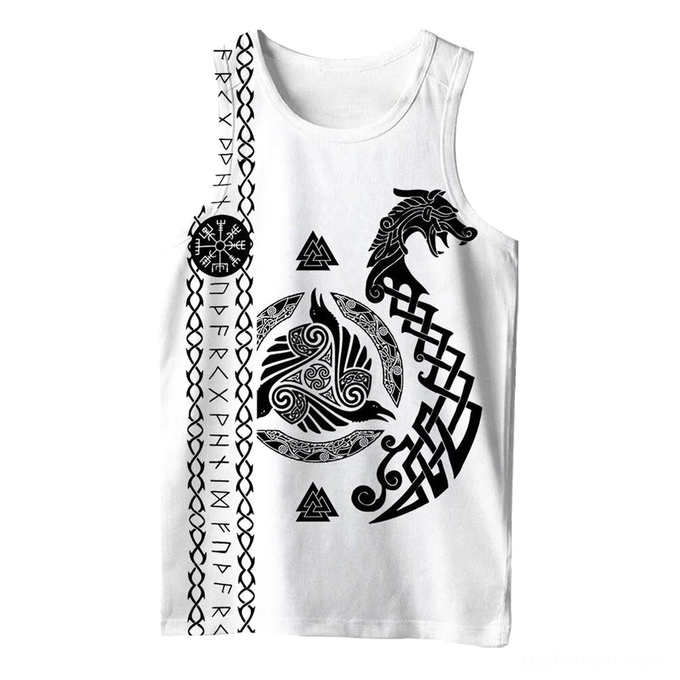 White Norse gothic sleeveless tank top with black Valknut triangle, runes, and raven Viking occult prints on front - minimalist gothic streetwear