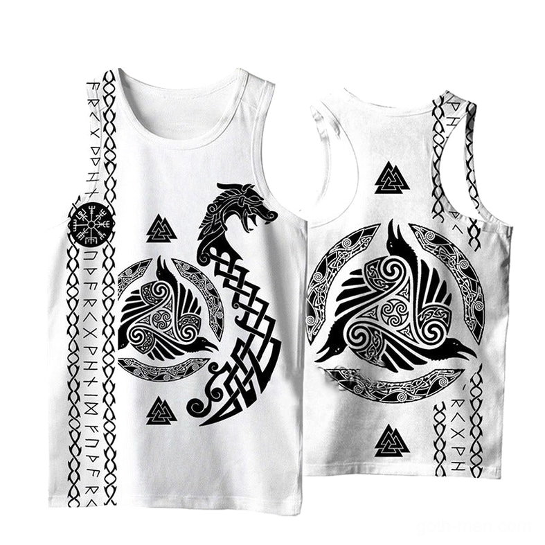 White Viking gothic tank top front and back view displaying symmetric Norse Valknut, rune symbols, and mythological raven designs on both sides - goth tank top